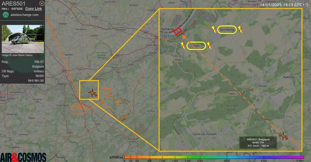 Dernière position connue du NH-90 TTH (RN-07) belge avant qu'il ne coupe des câbles électriques et atterrisse à Namêche.