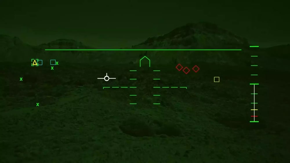 Représentation digitale (sans les informations sensibles) de ce que pourrait voir un pilote équipé du casque Scorpion de Thales.