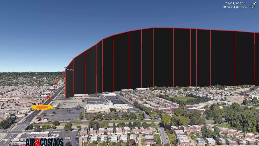 Courbe d'altitude et zone de crash estimée du Learjet 55 (XA-UCI) de Jet Rescue qui s'est écrasé à Philadelphie (31 janvier 2025).