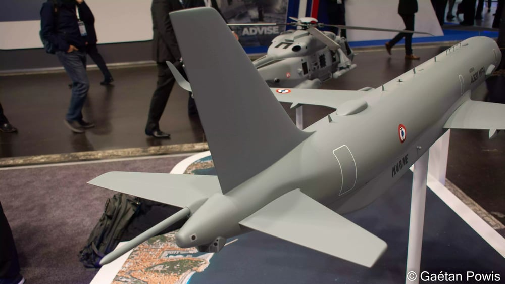Vue rapprochée des capteurs de queue et du MAD de l'avion de patrouille maritime A321 MPA d'Airbus lors d'Euronaval 2024 (5 novembre 2024).