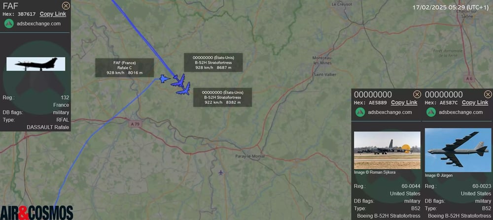 Lors de la première mission de la Bomber Task Force 25-2, les 2 B-52H américains ont été rejoints par un Rafale français durant une partie de leur survol au-dessus de la France (17 février 2025).