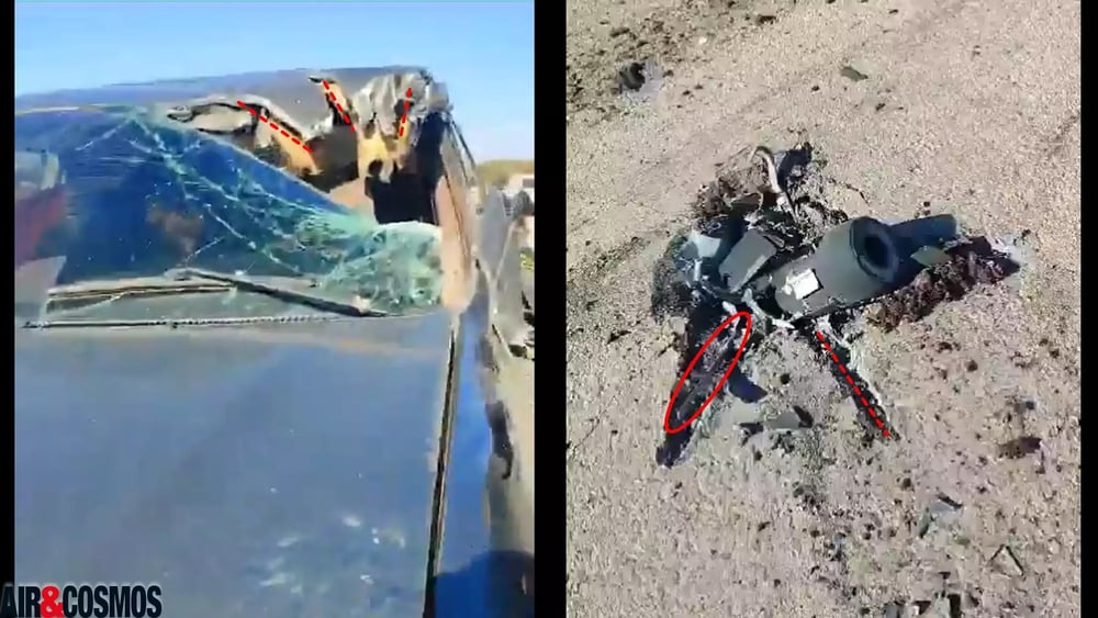 (à g.) L'impact sur la voiture montre les dégâts causés par les lames alors qu'un débris (à dr.) de missile AGM-114R-9X était sur la route avec encore une lame visible.