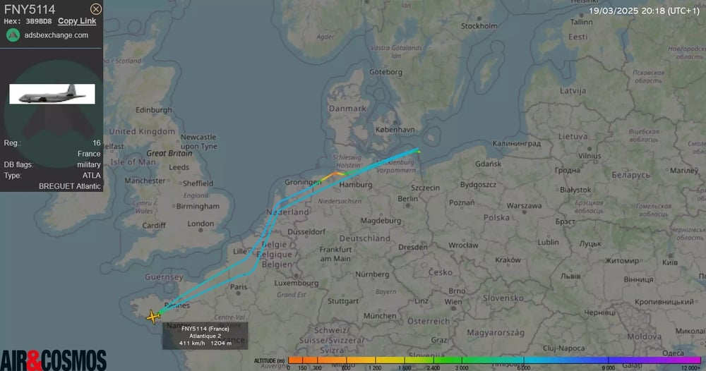 Retour de mission d'un Atlantique 2 dans le cadre de Baltic Sentry. Durant son vol dans l'espace aérien international de la mer Baltique, l'avion a été illuminé par un radar d'un navire de guerre russe (19 mars 2025).