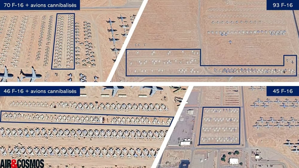 Plus de 254 avions de combat F-16 Fighting Falcon (sans compter les avions cannibalisés) sont stockés sur la base de Davis Monthan pour être cannibalisés ou réactivés si besoin (1er mars 2025).
