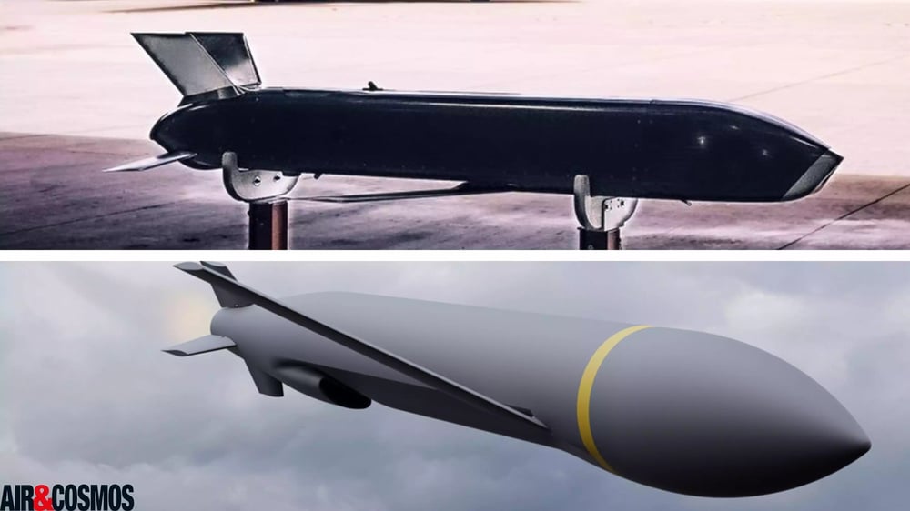 Les deux missiles low cost longue portée du programme ERAM : le Rusty Dagger (en haut) et le RAACM (en bas).