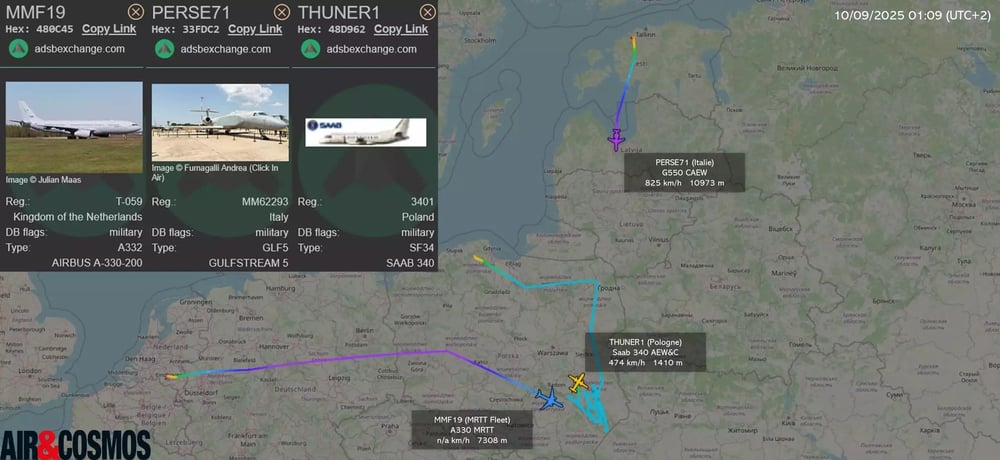 Alors qu'un Saab 340 AEW&C polonais atterri pour se ravitailler, un G550 CAEW file vers la Pologne, alors en alerte drones russes (10 septembre 2025).