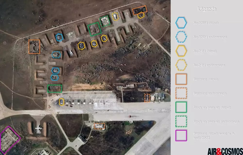 Photo satellite détaillant les dégâts de la base aérienne russe de Saky (Crimée).