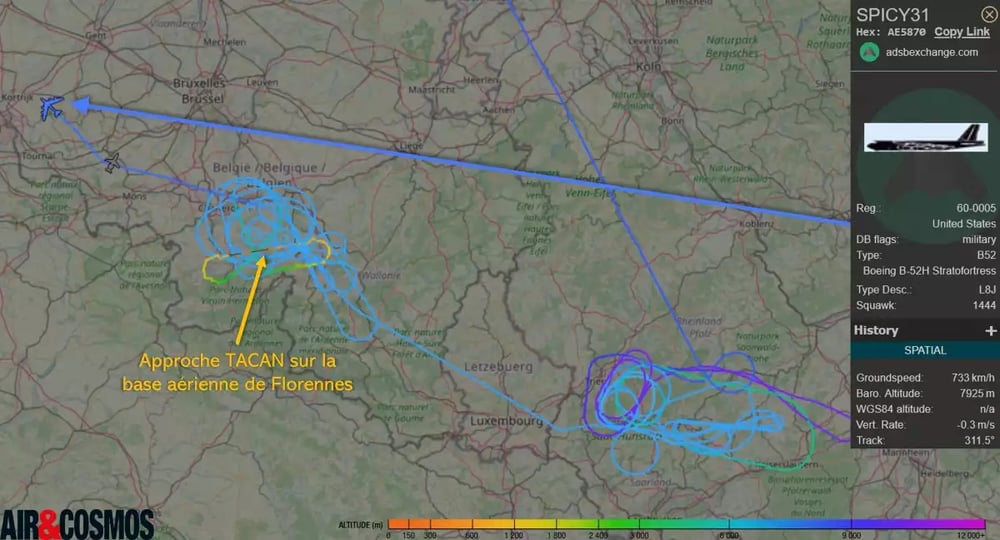 Tracé d'un des deux B-52H incluant l'approche TACAN sur la base aérienne belge de Florennes.