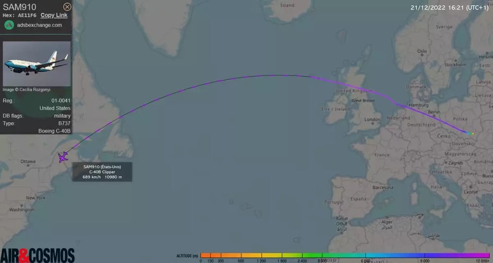 Trajet du C-40B transportant le président ukrainien Volodymyr Zelensky.