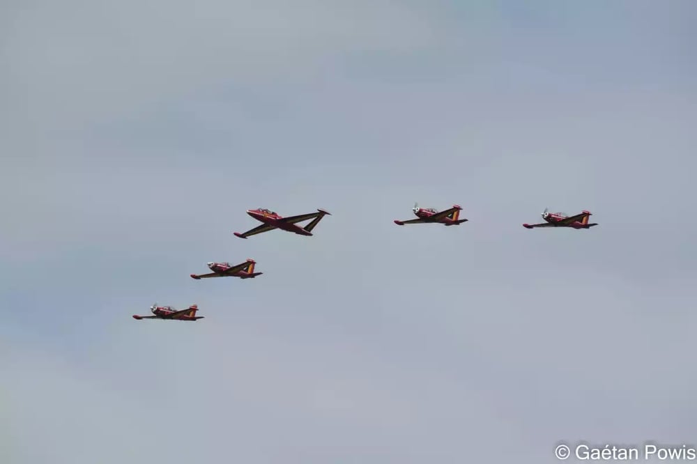 Un Fouga Magister, ancienne monture des Red Devils, encadré par les quatre Marchetti de la patrouille des Red Devils.