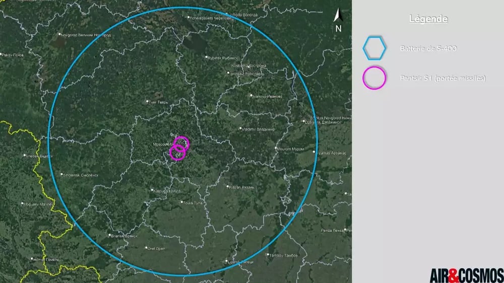 Portée de la batterie S-400 installée récemment à Moscou.