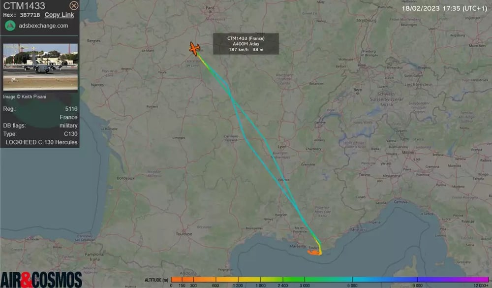 Trajet du C-130H déployé pour le tarpon des commandos au large de Toulon.