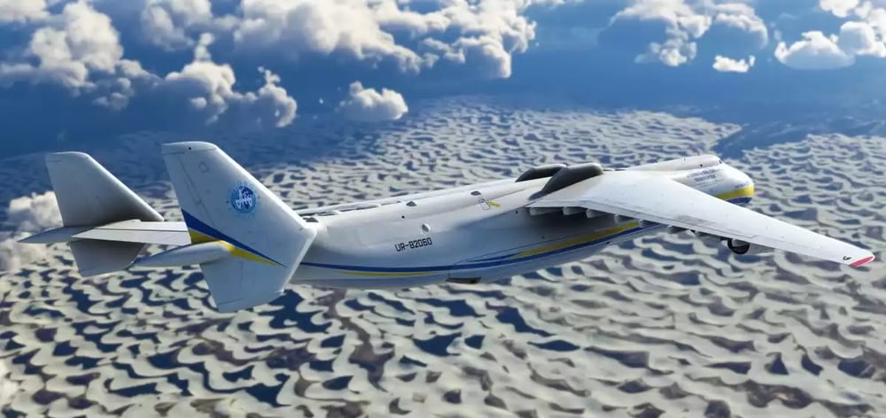 An-225 durant un vol sur Microsoft Flight Simulator.