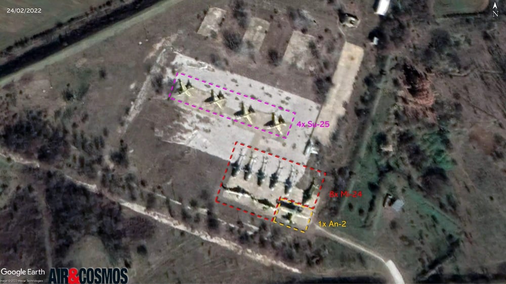 Dernière image satellite des 4 Su-25 à Skopje le 24 février 2022, à côté de 8 Mi-24 et 1 An-2.