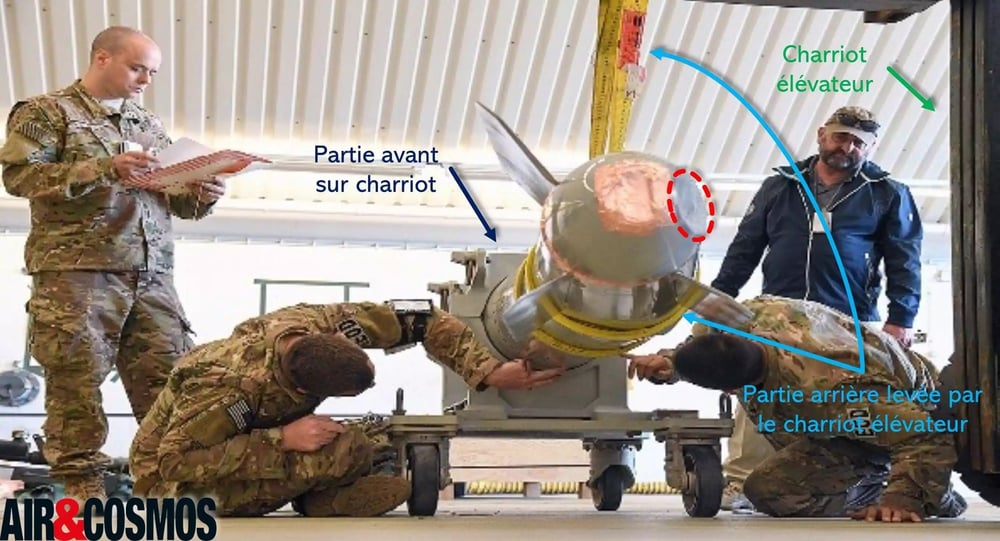 Manipulation de la B61 factice. La partie détachée comprend le système de navigation et permet ainsi aux mécaniciens d'atteindre les capteurs ou le système de mise à feu.