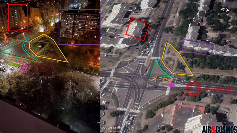 Un peu d'OSINT : la configuration de l'intersection routière, du parc et des immeubles avoisinant permet de géolocaliser le lieu d'impact aux environs des coordonnées GPS 50.56821236418548, 36.584596133763256.