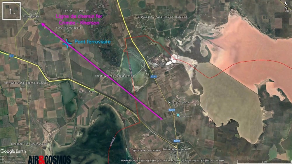 Image 1 : La destruction du pont ferroviaire couperait l'un des deux axes ferroviaires en provenance de la Crimée.