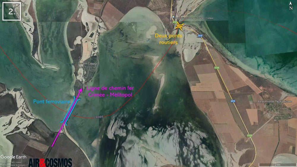 Image 2 : La destruction du second et dernier pont ferroviaire deviendrait un réel problème logistique pour les Russes. Deux ponts routiers sont aussi visibles.
