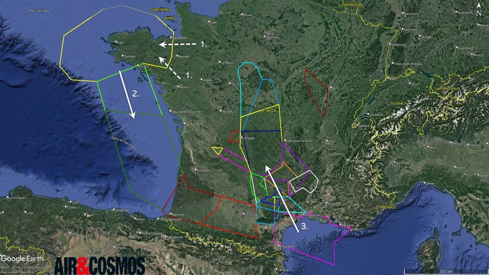 Terrain de jeu pour l'exercice Poker 2023-2 : 1. Regroupement des appareils et ravitaillements, 2. Simulation de vol longue distance, 3. Raid nucléaire.