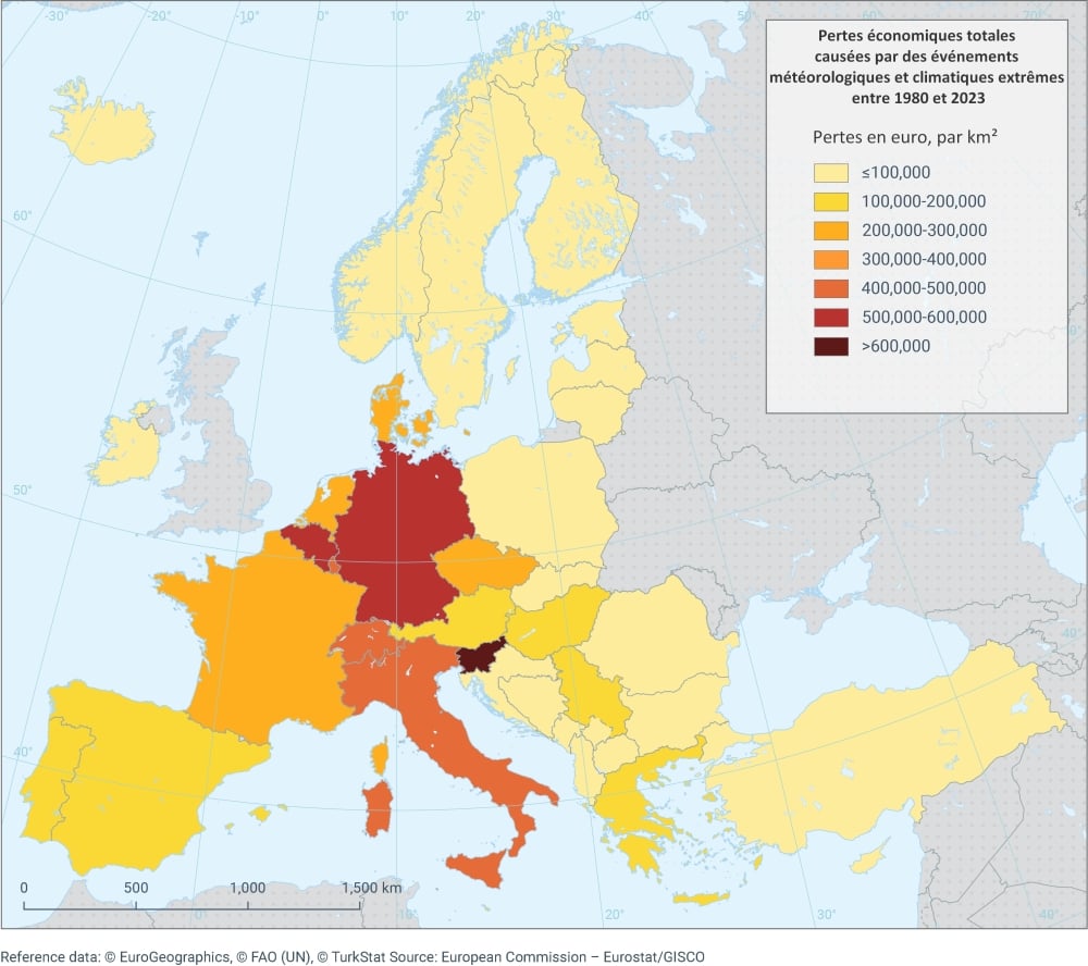 Pertes économiques totales causées par des événements météorologiques et climatiques extrêmes dans les 38 pays de l’EEE entre 1980 et 2023.