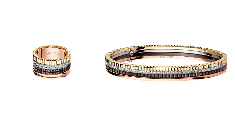 Boucheron - Bague large Quatre Classique, pavée de diamants ronds sur or blanc, or jaune, or rose et PVD marron. Bracelet Quatre Classique, pavé de diamants ronds sur or blanc, or jaune, or rose et PVD marron.