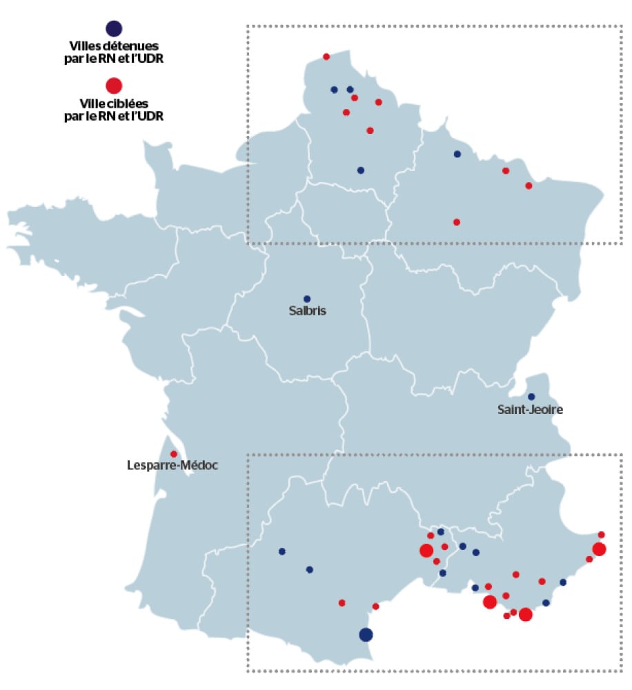 Les villes détenues et ciblées par le RN et l'UDR.