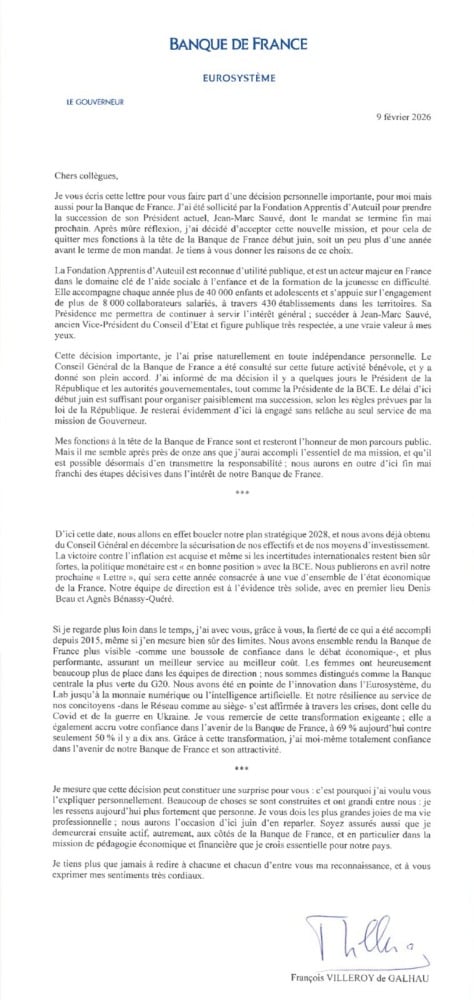 La lettre de François Villeroy de Galhau annonçant son départ de la Banque de France.