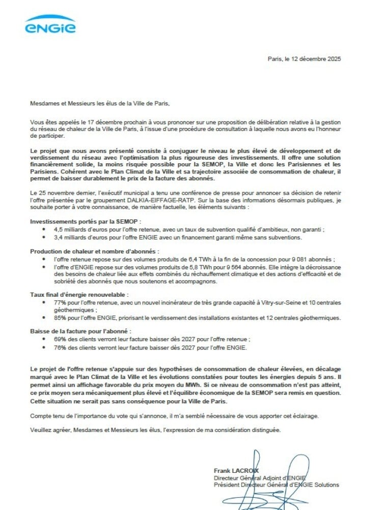 Lettre d’Engie au Conseil de Paris.