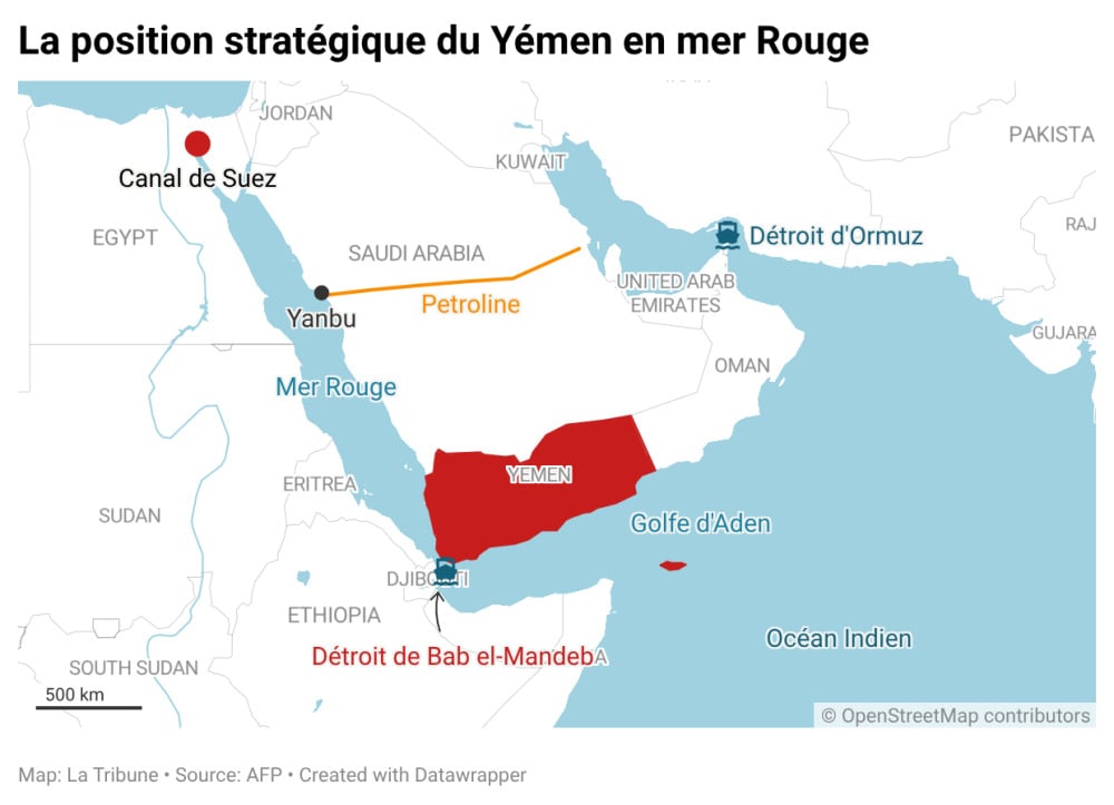 La position du détroit de Bab el-Mandeb.