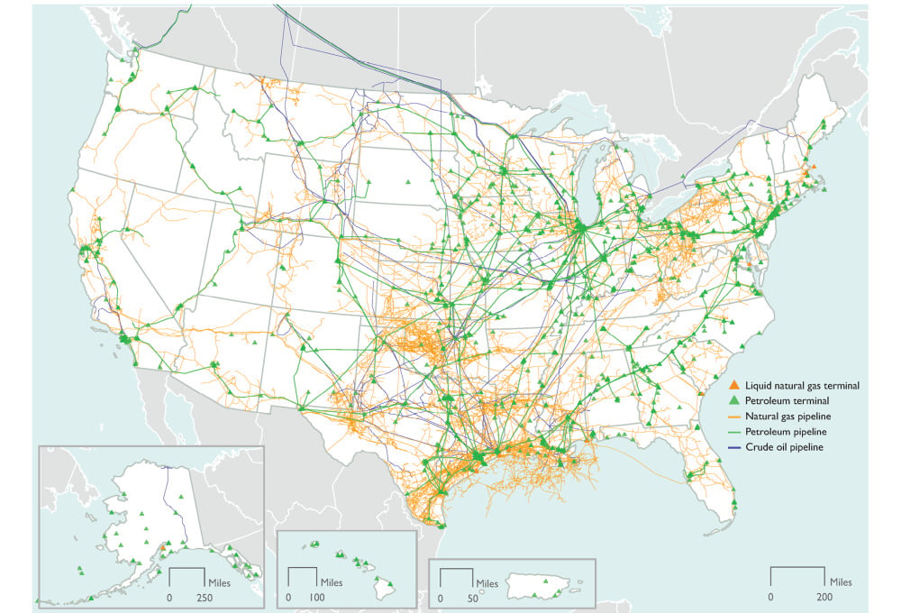 La carte du réseau américain de pipelines (en vert le réseau pétrole, en orange le réseau gaz).