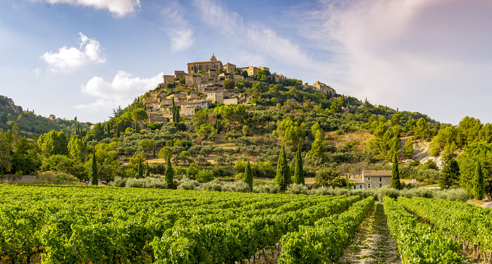 Parc naturel régional du Luberon avec vue sur le village de Gordes et ses vignes.