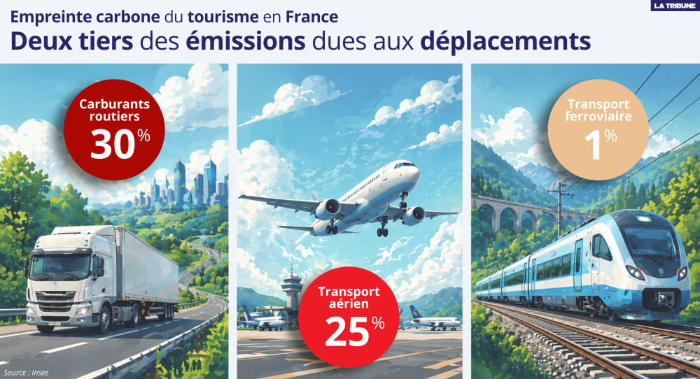 Le transport aérien et les carburants routiers représente 25 % et 30 % de l’empreinte carbone du tourisme.