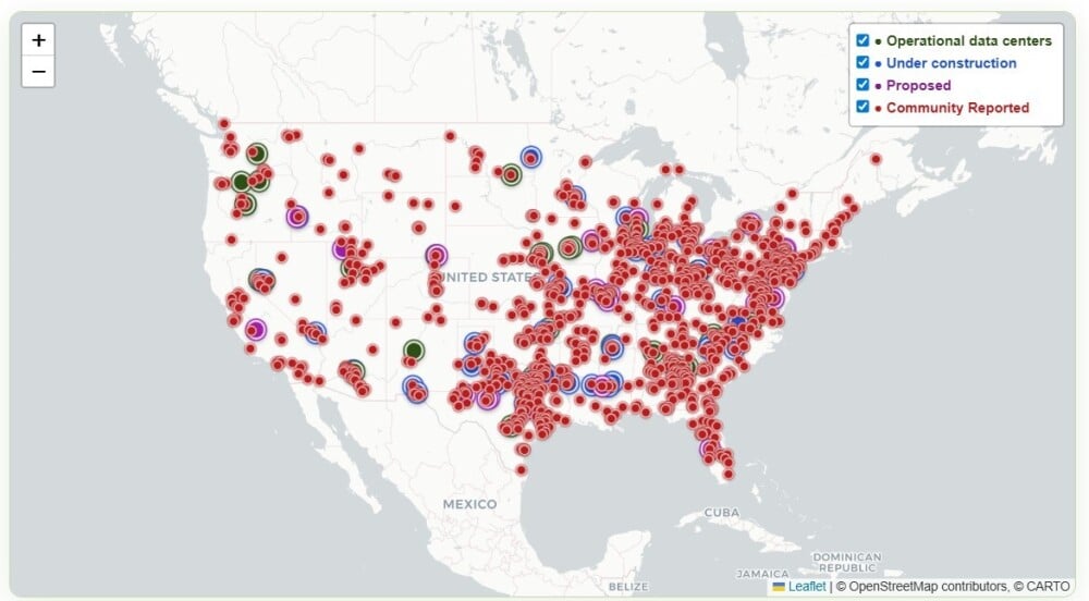 Une carte collaborative, disponible sur le site Brockovichdatacenter.com, des sites et des projets de centres de données aux Etats-Unis.