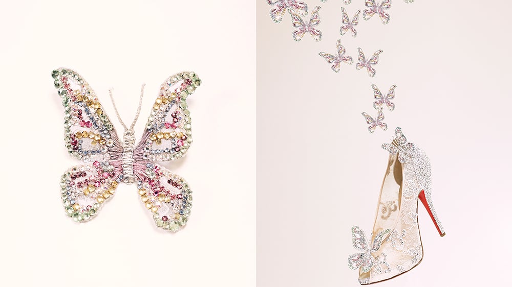 Papillon en cristal et chaussure de Cendrillon version Louboutin, en collaboration avec Disney.