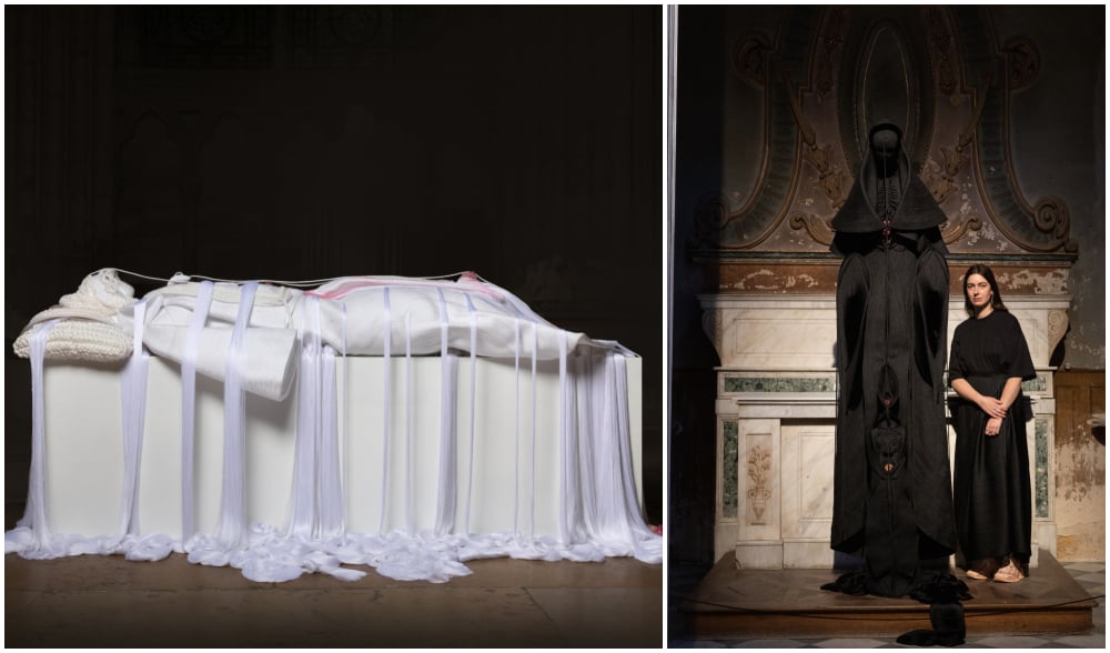 Gisante de coeur, 2022Cordes, fils, fils en dégradé, fleurs vernies. Jeanne Vicerial pose à côté de son oeuvre « Présence à l’Enfant », 2022.