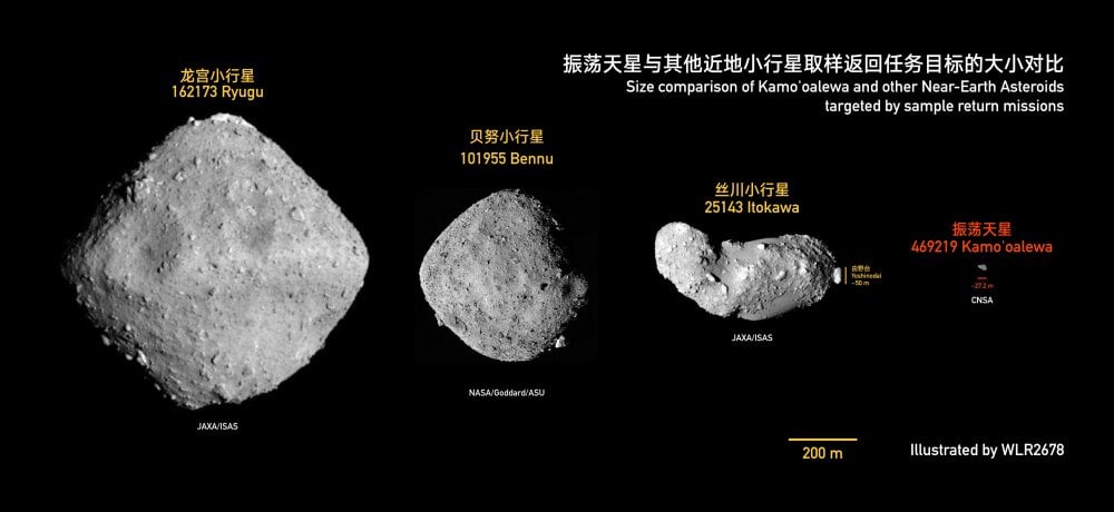 Comparaison des tailles entre Kamo'oalewa et les autres astéroïdes prélevés par des sondes automatiques japonaises et américaine.