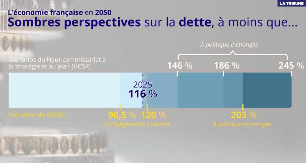 Les différents scénarios de l'OCDE et du Haut-commissariat à la stratégie et au plan concernant la dette publique de la France à horizon 2050.