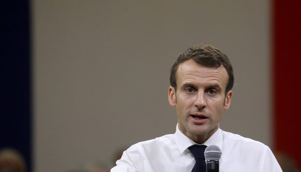French president emmanuel macron addresses a meeting with the mayors of occitania in souillac