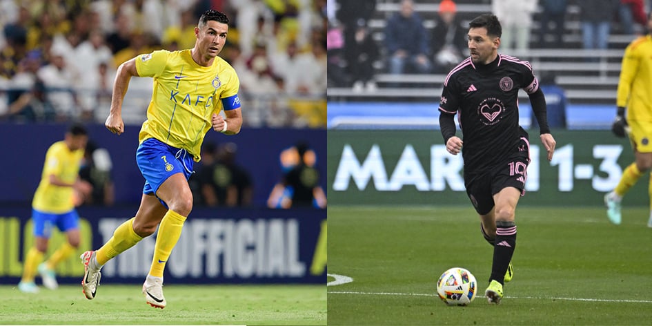 Cristiano Ronaldo (à gauche) sous le maillot d’Al-Nassr et Lionel Messi (à droite) qui a rejoint l’Inter Miami l’été dernier.