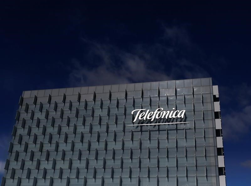 Logo of spain's telefonica is seen on its headquarters outside madrid