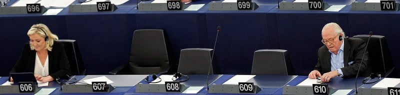 France's far-right national front political party leader and mep marine le pen and her father and party founder and honorary president jean-marie le pen wait for the start of a voting session at the european parliament in strasbourg