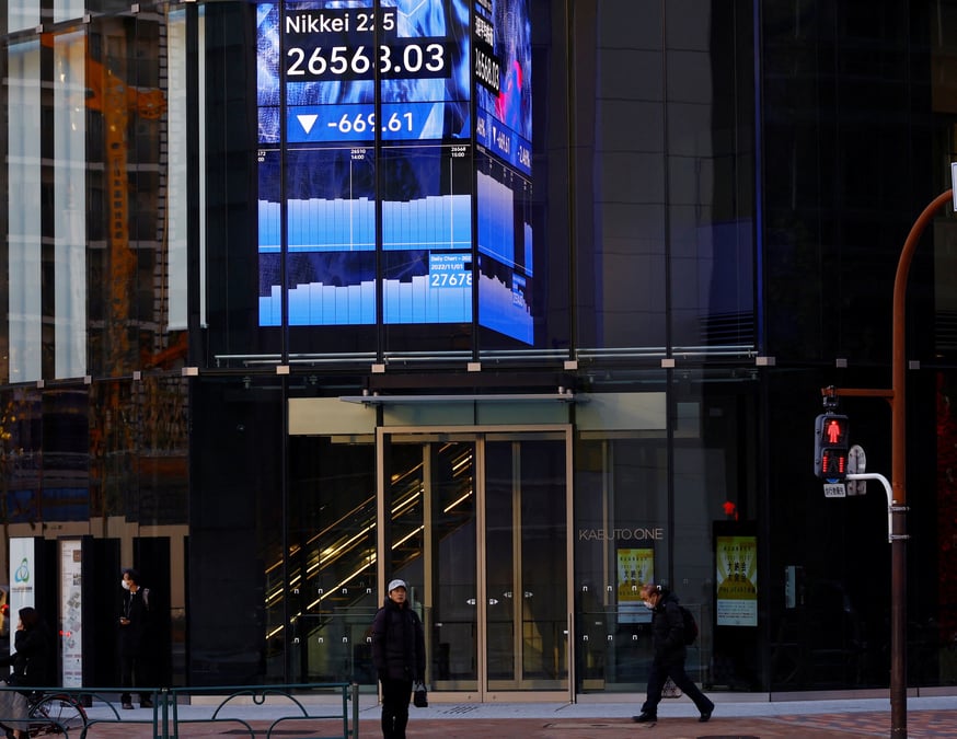 L'indice nikkei est affiche dans un quartier d'affaires de tokyo