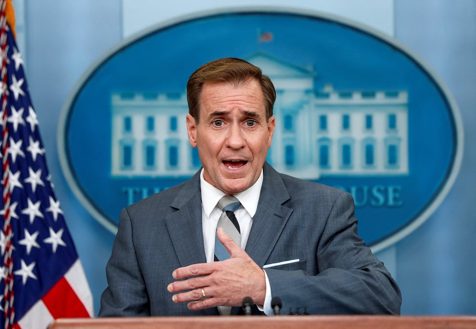 Le porte-parole du conseil de securite nationale de la maison blanche john kirby lors d'une conference de presse