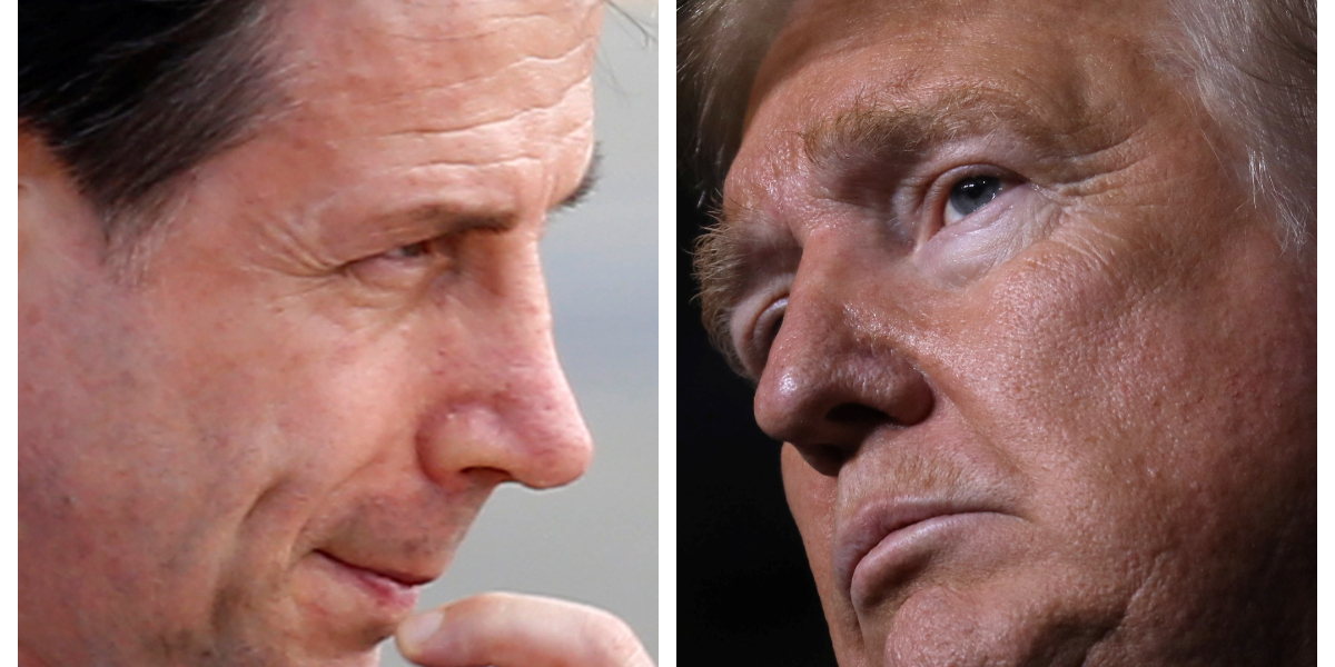 Collage photo Giuseppe Conte, chef du gouvernement italien et Donald Trump, président des Etats-Unis