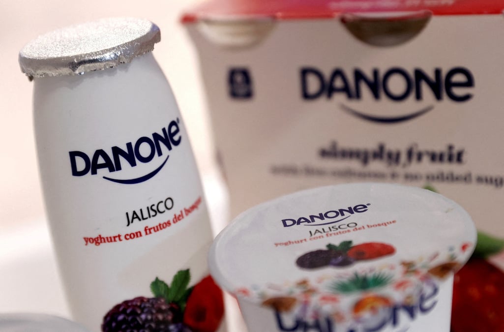 Produits danone exposes avant la presentation des resultats annuels 2019 du groupe alimentaire francais a paris