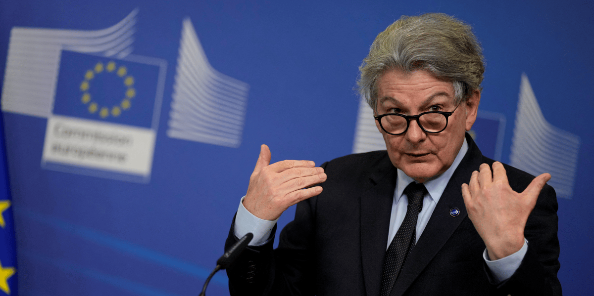 Thierry breton, commissaire europeen charge du marche interieur, au siege de l'ue a bruxelles