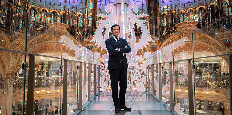 Nicolas Houzé sous la coupole du magasin Haussmann, à Paris en Novembre 2024.