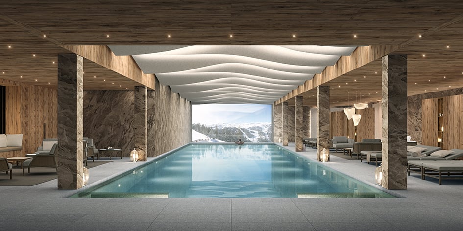 Le spa de l’hôtel Antarès avec vue sur les montagnes de Méribel.