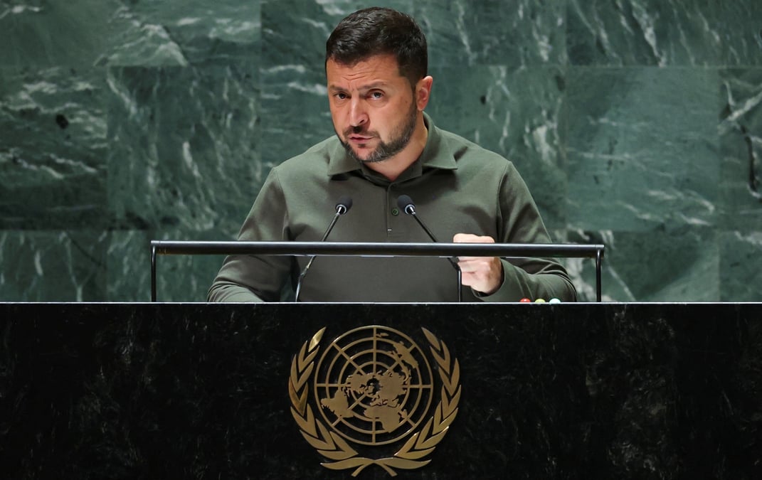 Le president ukrainien volodimir zelensky s'adressant a la 78e session de l'assemblee generale des nations unies