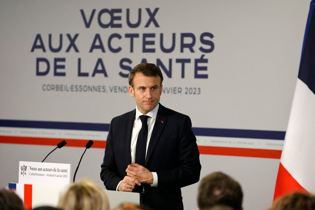 French president emmanuel macron addresses new year wishes to health care workers